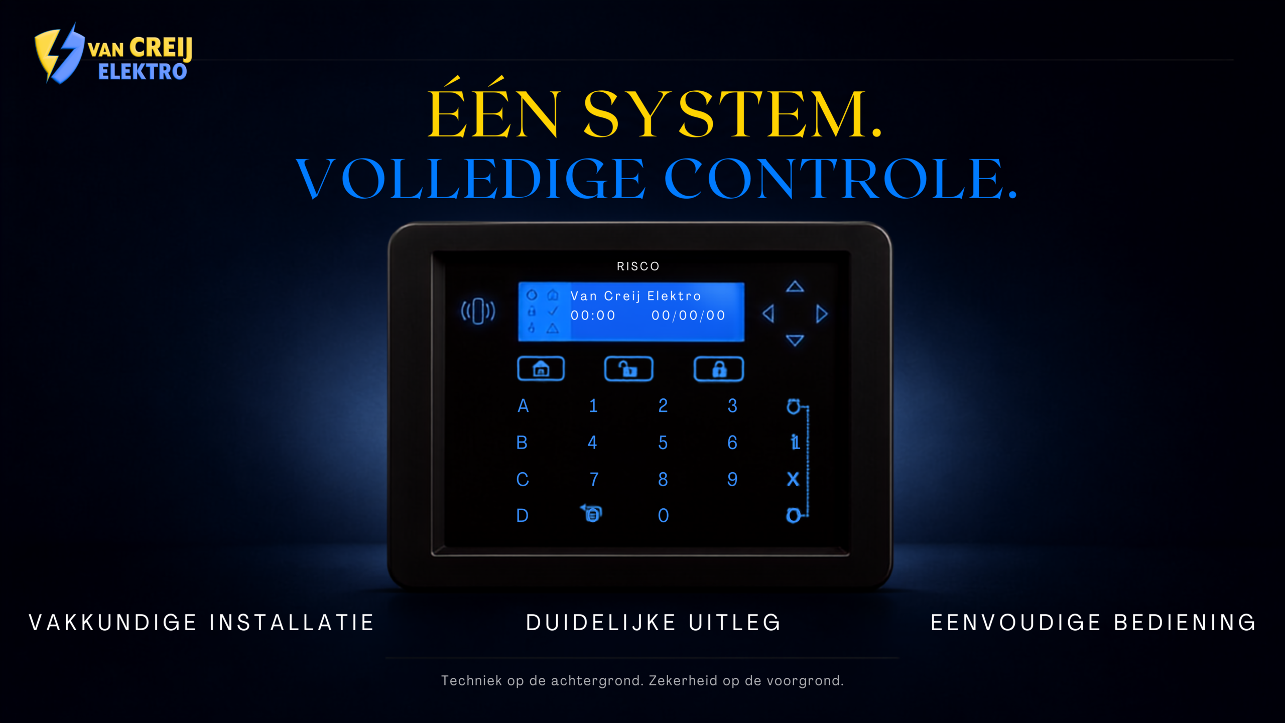 Promotieafbeelding van Van Creij Elektro met zwart RISCO bediendeel en de tekst "Eén systeem. Volledige controle."