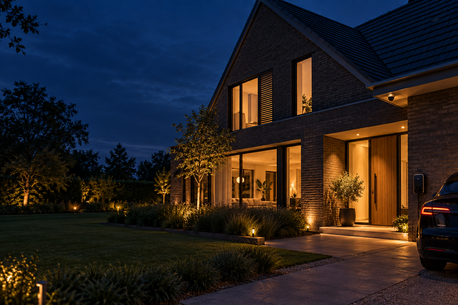 Sfeerbeeld van een moderne woning met warme buitenverlichting